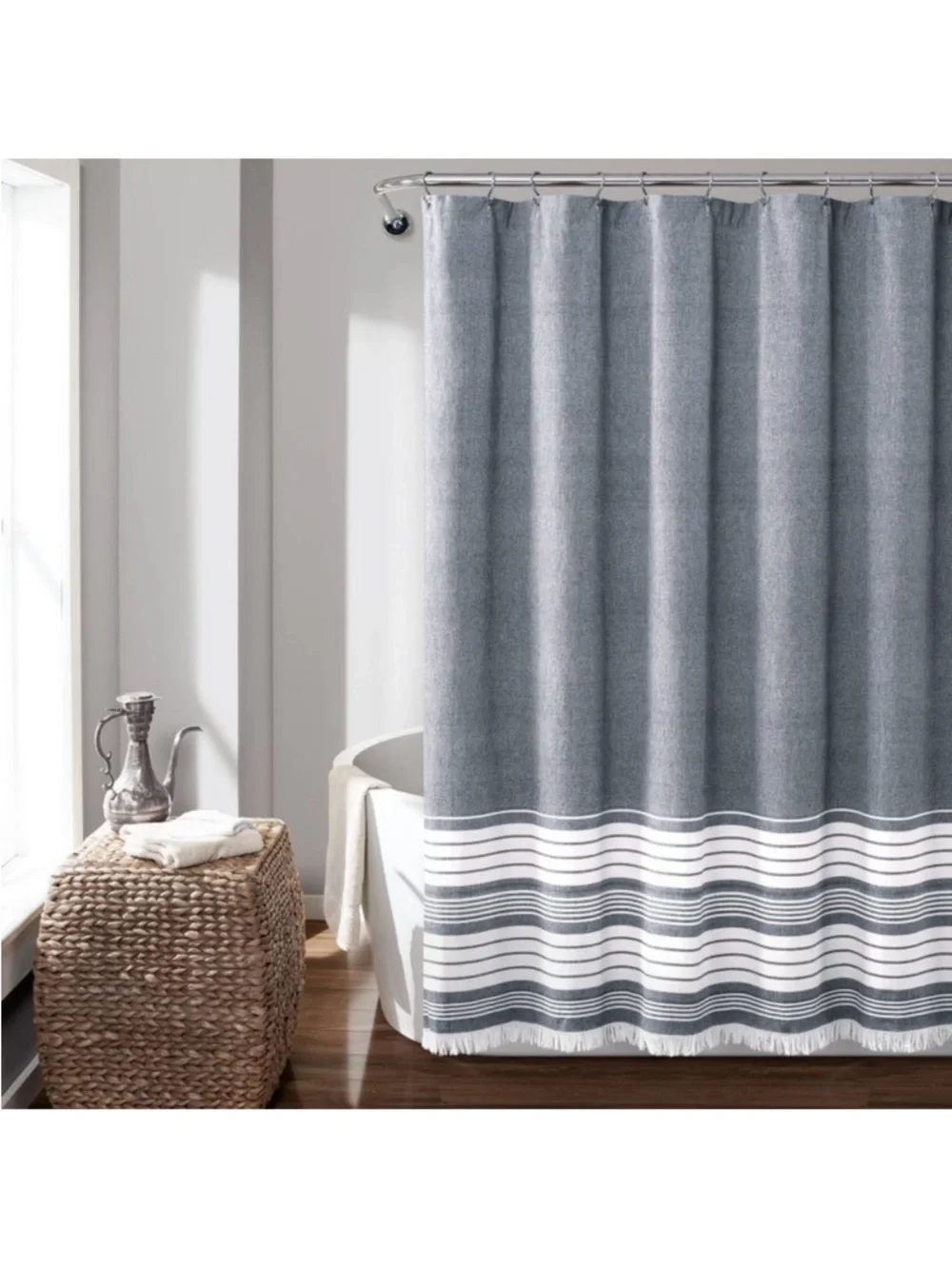 Nantucket Navy/ White Striped Shower Curtain with Fringe - 72” x 72”